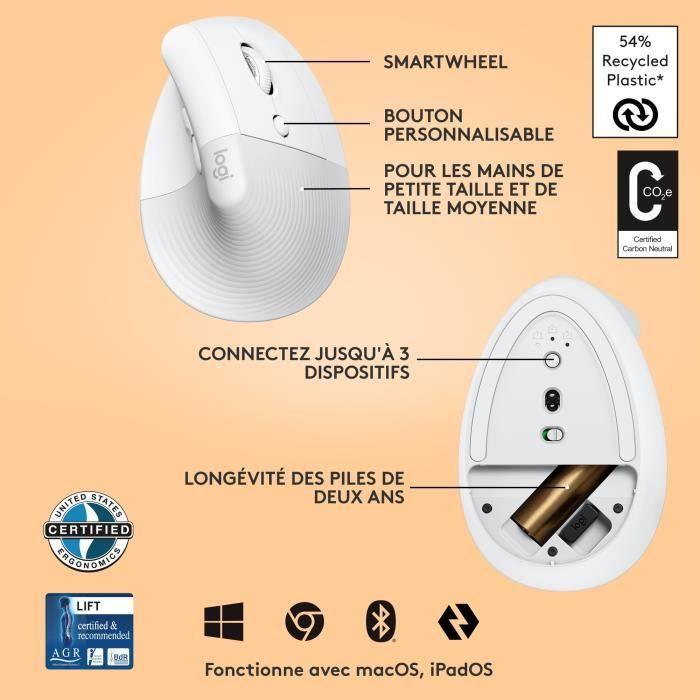Souris Sans Fil Logitech Lift Ergonomique Verticale, Bluetooth ou récepteur USB Logi Bolt, Silencieuse - Blanc cassé LOGITECH