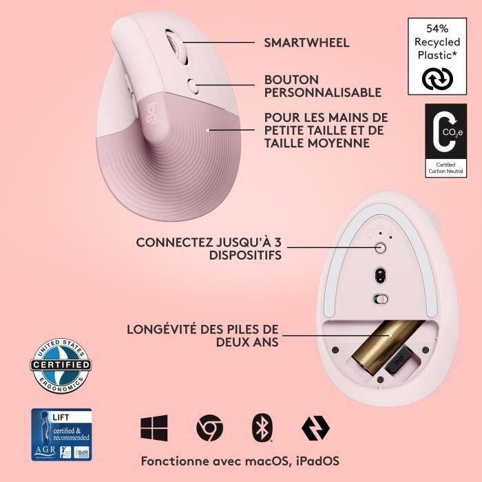 Souris Sans Fil Logitech Lift Ergonomique Verticale, Bluetooth ou récepteur USB Logi Bolt, Silencieuse - Rose LOGITECH