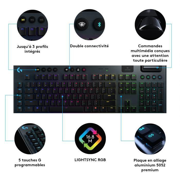 Clavier Gaming mécanique - Logitech G - G915 LIGHTSPEED RVB - GL CLICKY SWITCH - Carbon - AZERTY - Sans fil -  Noir LOGITECH G