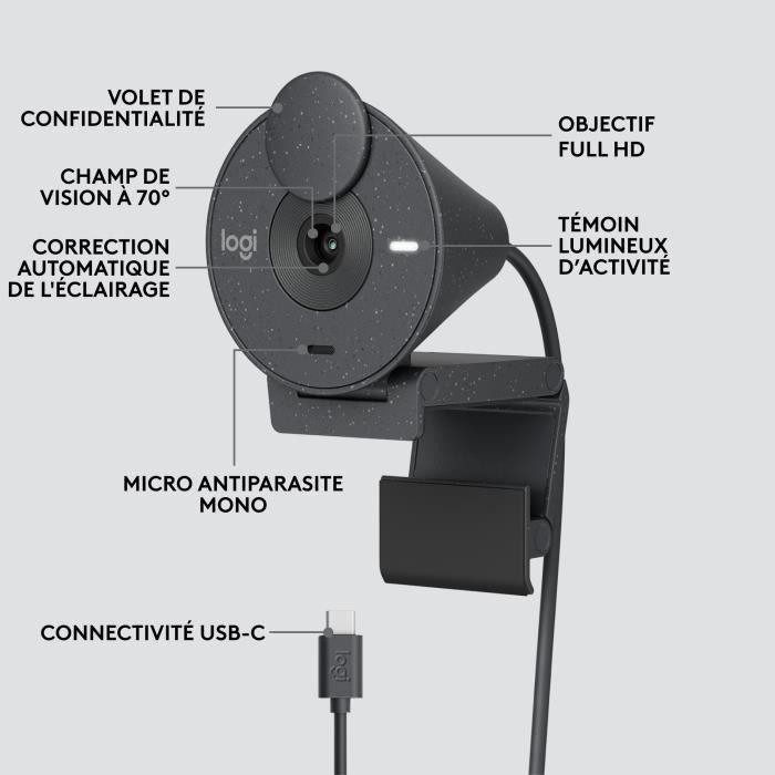 Logitech Brio 300 Webcam Full HD avec confidentialité, micro a réduction de bruit, USB-C - Graphite LOGITECH