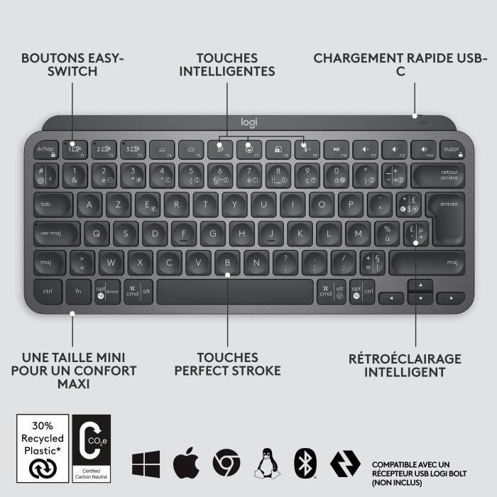 Clavier sans fil Logitech - MX Keys Mini - GRAPHITE - Compact, Bluetooth, rétroéclairé pour MAC, iOS, Windows, Linux, Android LOGITECH