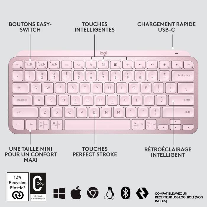 Clavier sans fil Logitech - MX Keys Mini - ROSE - Compact, Bluetooth, rétroéclairé pour MAC, iOS, Windows, Linux, Android LOGITECH