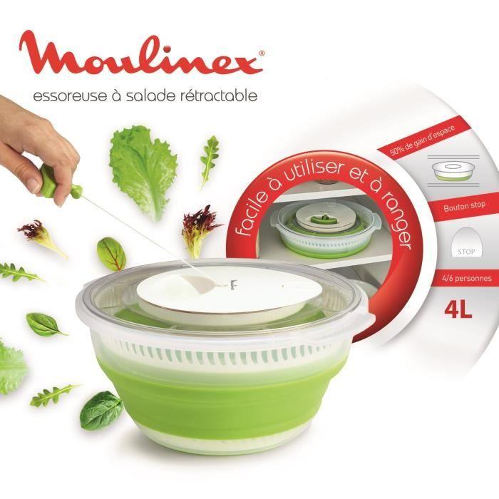 MOULINEX K2530104 Essoreuse a salade rétractable 4 L, Base antidérapante, Systeme de tirage par cordon, Bouton d'arret, Vert/Blanc MOULINEX
