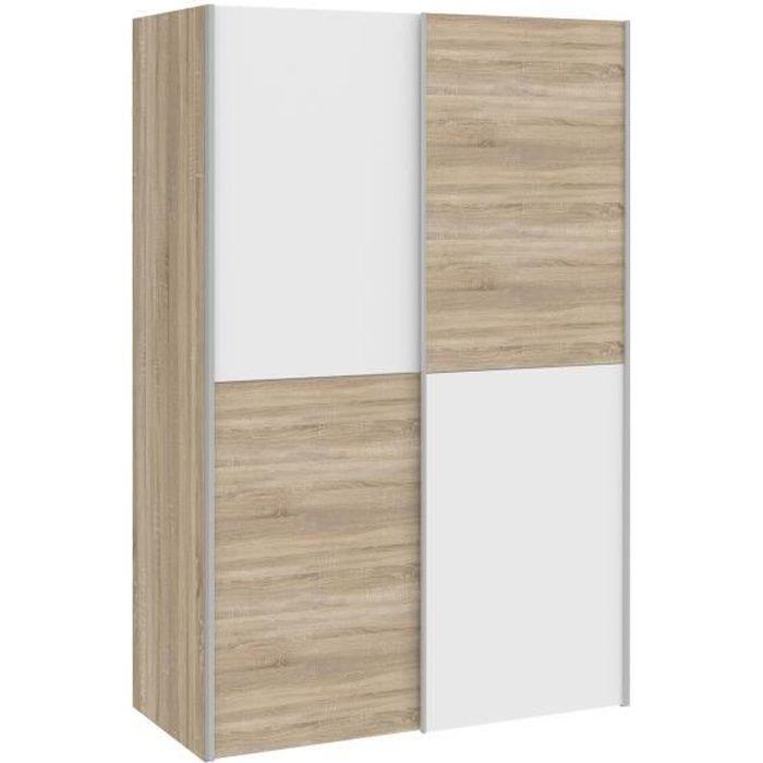 Armoire 2 portes coulissantes - Panneaux de particules - Blanc mat et décor chene - L 120 x P 61,2 x H 190,5 cm - OZZULA AUCUNE