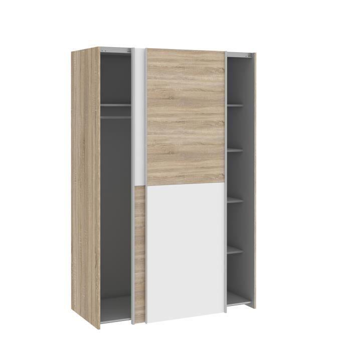 Armoire 2 portes coulissantes - Panneaux de particules - Blanc mat et décor chene - L 120 x P 61,2 x H 190,5 cm - OZZULA AUCUNE