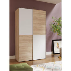 Armoire 2 portes coulissantes - Panneaux de particules - Blanc mat et décor chene - L 120 x P 61,2 x H 190,5 cm - OZZULA AUCUNE