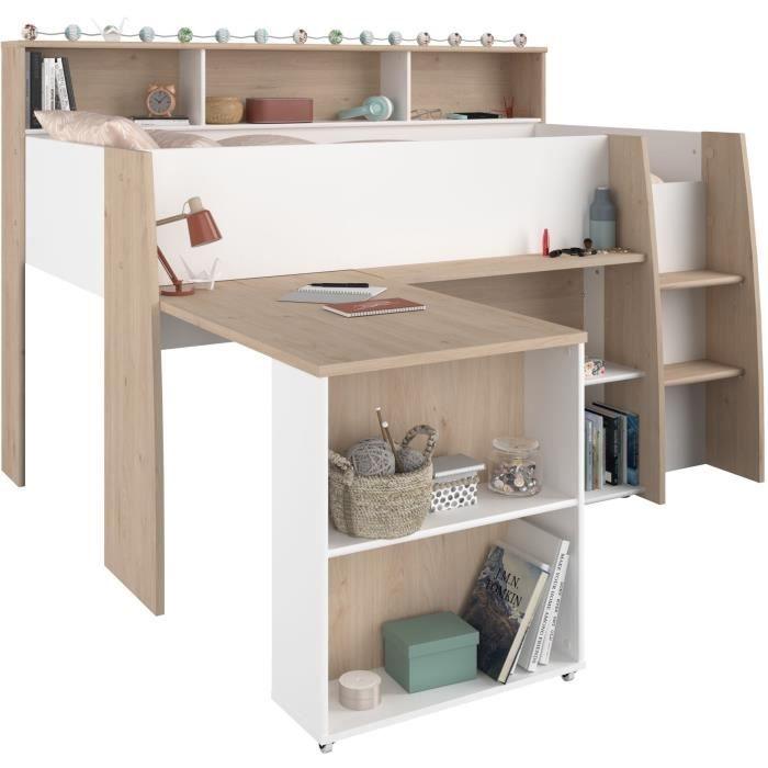 PARISOT Lit combiné enfant avec bureau rétractable - Décor blanc et chene - 90x 200 cm - Sommier inclus -THEO PARISOT