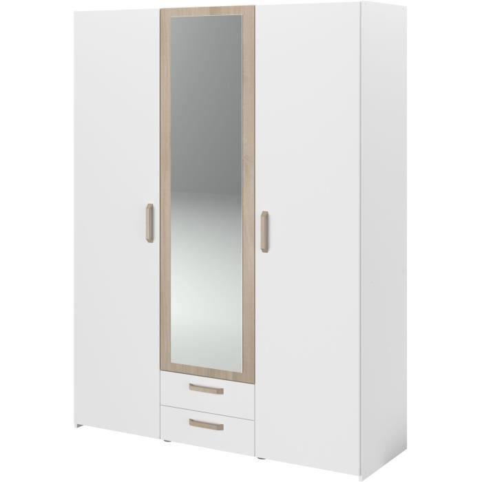 Armoire DREAM 3 portes - Panneau de particules - Miroir - Décor blanc - L150 x H200 x P52 cm PARISOT