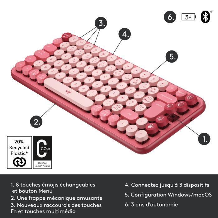 Clavier Sans Fil Logitech POP Keys Mécanique avec Touches Emoji Personnalisables, Bluetooth ou USB, Design Compact Durable - Rose LOGITECH