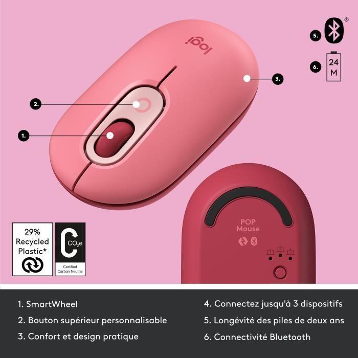 Souris Sans Fil Logitech POP Mouse avec Emojis Personnalisables, Bluetooth, USB, Multidispositifs - Rose LOGITECH