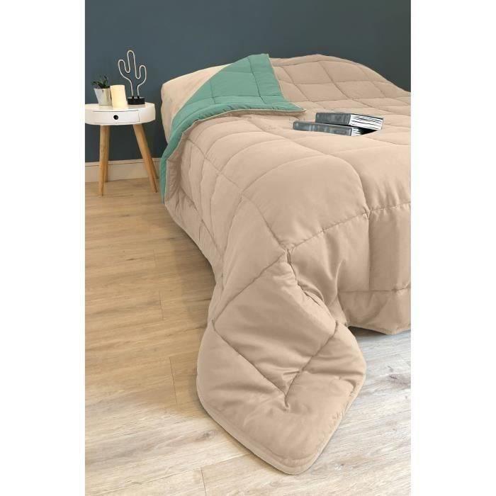 POYET MOTTE Couette Microfibre 400g/m² CALGARY - 140 x 200 cm - Gris galet et Vert lac TOISON D'OR