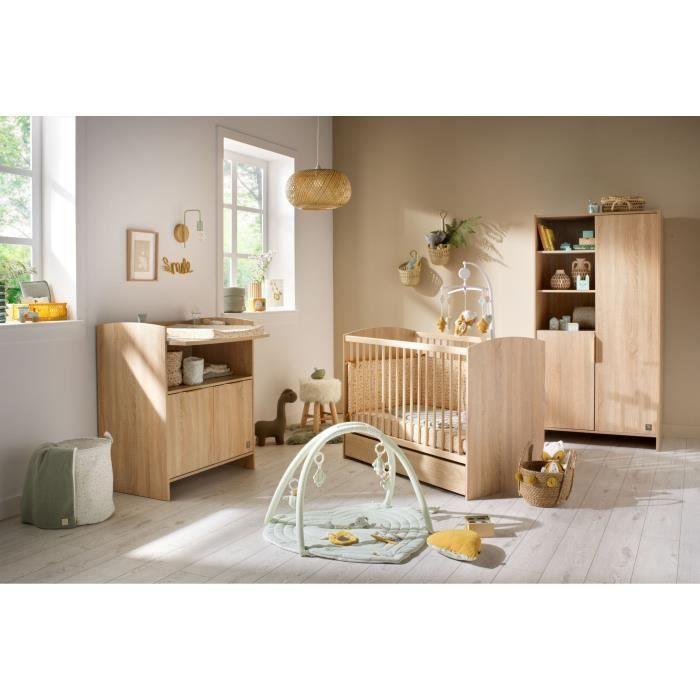 Chambre bébé trio AZUR - Lit 120x60 + Commode a langer 3 tiroirs + Armoire 2 portes chene doré - SAUTHON SAUTHON