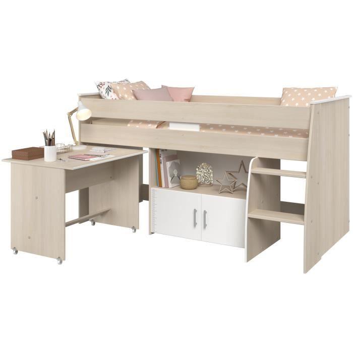 Lit combiné enfant Parisot ZOLA 90x200 cm - 2 portes - Avec bureau - Décor acacia clair et blanc PARISOT