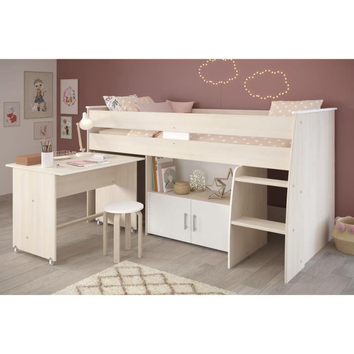 Lit combiné enfant Parisot ZOLA 90x200 cm - 2 portes - Avec bureau - Décor acacia clair et blanc PARISOT