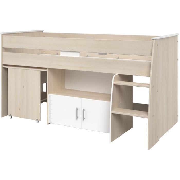 Lit combiné enfant Parisot ZOLA 90x200 cm - 2 portes - Avec bureau - Décor acacia clair et blanc PARISOT