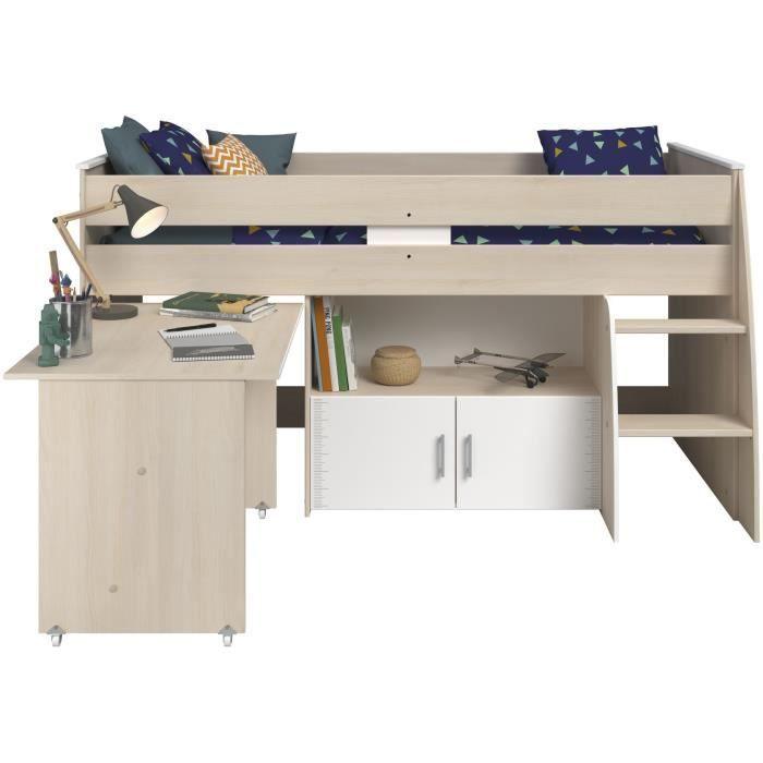 Lit combiné enfant Parisot ZOLA 90x200 cm - 2 portes - Avec bureau - Décor acacia clair et blanc PARISOT