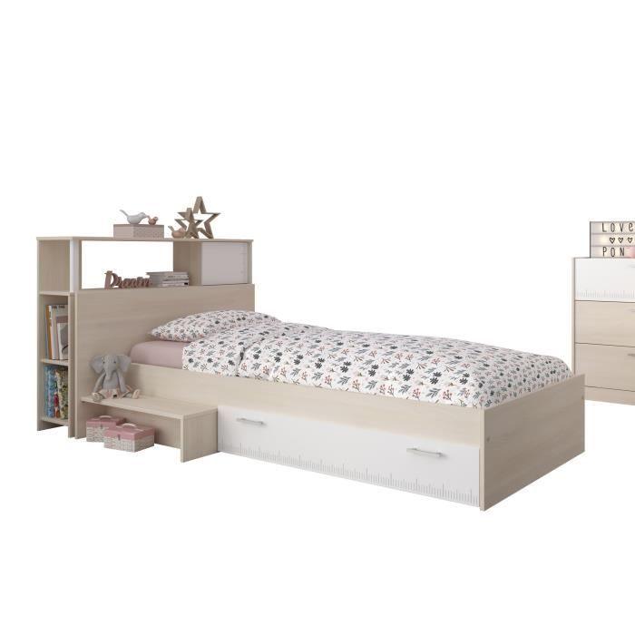 PARISOT Ensemble lit + tete de lit avec rangement - Style contemporain - Décor acacia clair et blanc - CHARLEMAGNE PARISOT