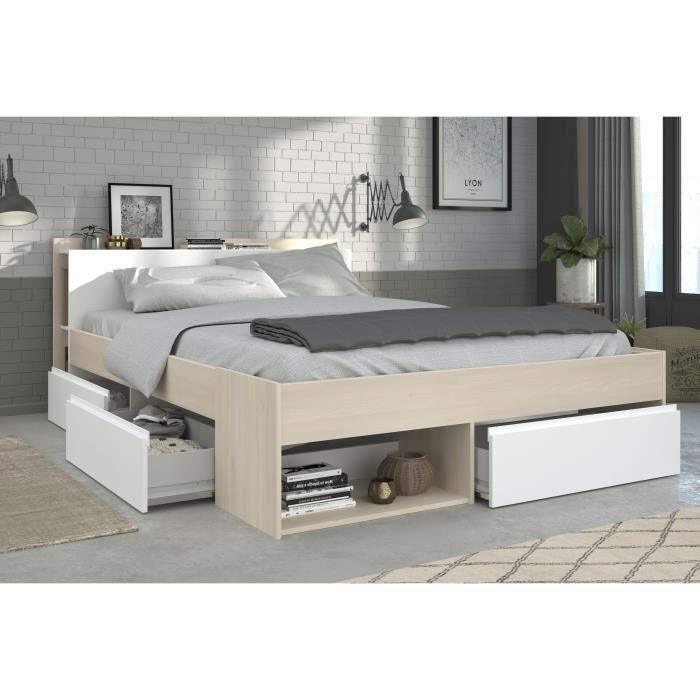 Lit adulte COMBO 140x190/200 cm -Acacia et blanc - 3 Tiroirs - PARISOT PARISOT