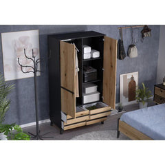 Armoire HEKA 2 portes + 4 tiroirs - Décor noir et chene - L100 x P50 x H180 cm - Fabriqué en Espagne AUCUNE