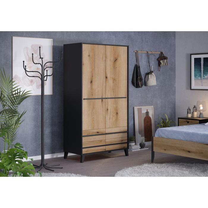 Armoire HEKA 2 portes + 4 tiroirs - Décor noir et chene - L100 x P50 x H180 cm - Fabriqué en Espagne AUCUNE