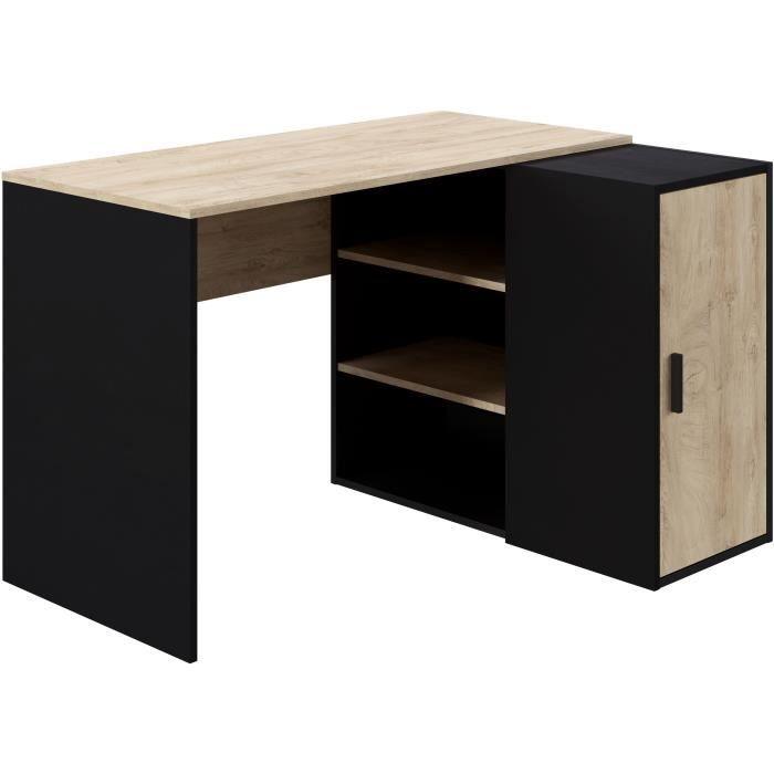 Bureau Indus - Décor chene et noir - 1 Porte + 3 étageres - Grande capacité de rangement - L120 x P 90 x H 76 cm AUCUNE