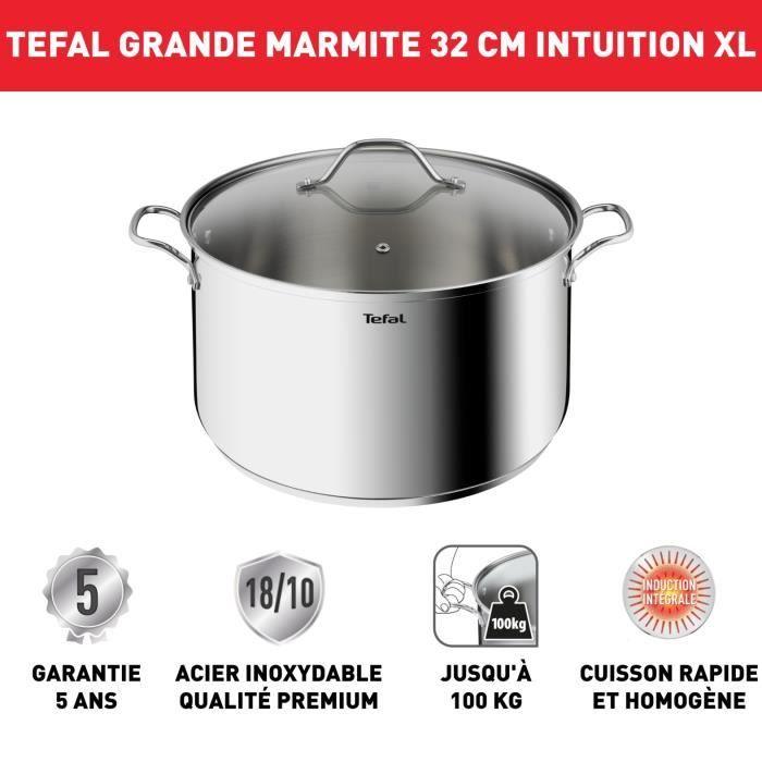 TEFAL Intuition XL Marmite 32 cm inox + couvercle verre, Capacité 12 L, Induction, Acier inoxydable 18/10, Poignées robustes B864740 TEFAL