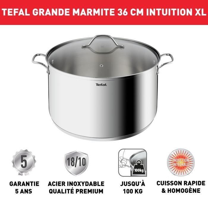 TEFAL Intuition XL Marmite 36 L cm inox + couvercle verre, Capacité 17,5 L, Induction, Acier inoxydable 18/10, Poignées robustes B86 TEFAL
