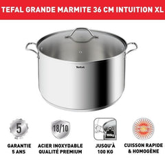 TEFAL Intuition XL Marmite 36 L cm inox + couvercle verre, Capacité 17,5 L, Induction, Acier inoxydable 18/10, Poignées robustes B86 TEFAL