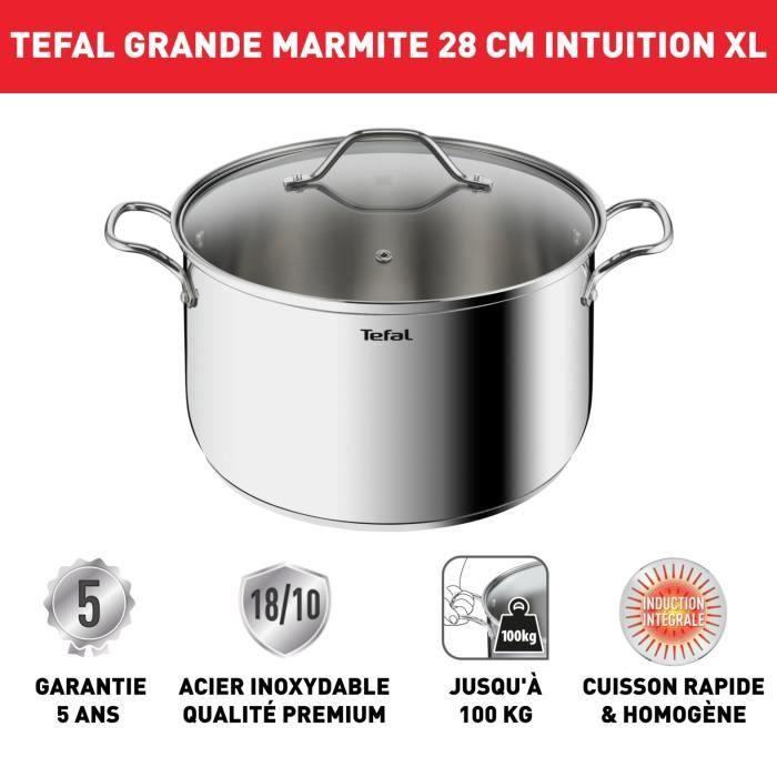 TEFAL Intuition XL Marmite 28 cm inox + couvercle verre, Capacité 8 L, Induction, Acier inoxydable 18/10, Poignées robustes B8646404 TEFAL