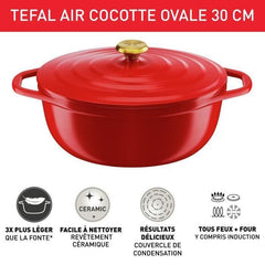 TEFAL Air cocotte légere ovale 30x23 cm, fonte d'aluminium rouge, tous feux dont induction E2548904 TEFAL