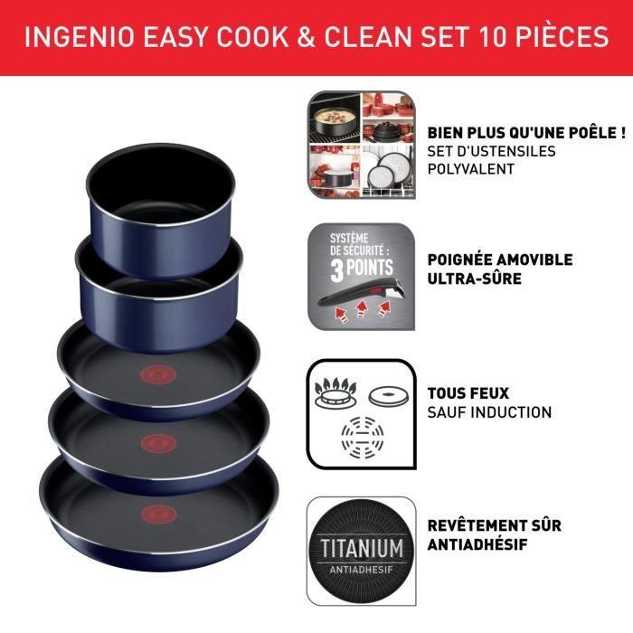 TEFAL INGENIO Easy Cook & Clean Lot 10 pieces, Poele, Casserole, Non induction, Revetement antiadhésif, Fabriqué en France L1579102 TEFAL