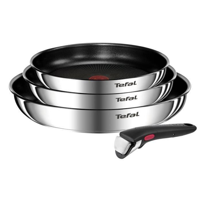 TEFAL INGENIO Lot de 4 pieces, Poeles 22/24/28 cm + poignée amovible, Acier inoxydable, Revetement antiadhésif, Emotion L897S404 TEFAL