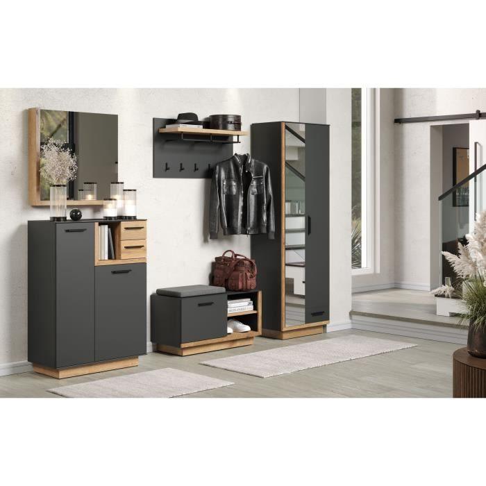 Armoire de chambre SYNNAX - 2 Portes + 1 tiroir - Décor gris anthracite et chene miel - L65 x P40 x H198 cm - TRENDTEAM TRENDTEAM