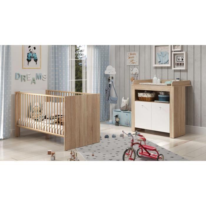 Chambre bébé duo PIA - Lit 70x140 cm + Commode a langer 2 portes - Décor chene sonoma et blanc mat - TRENDTEAM TRENDTEAM