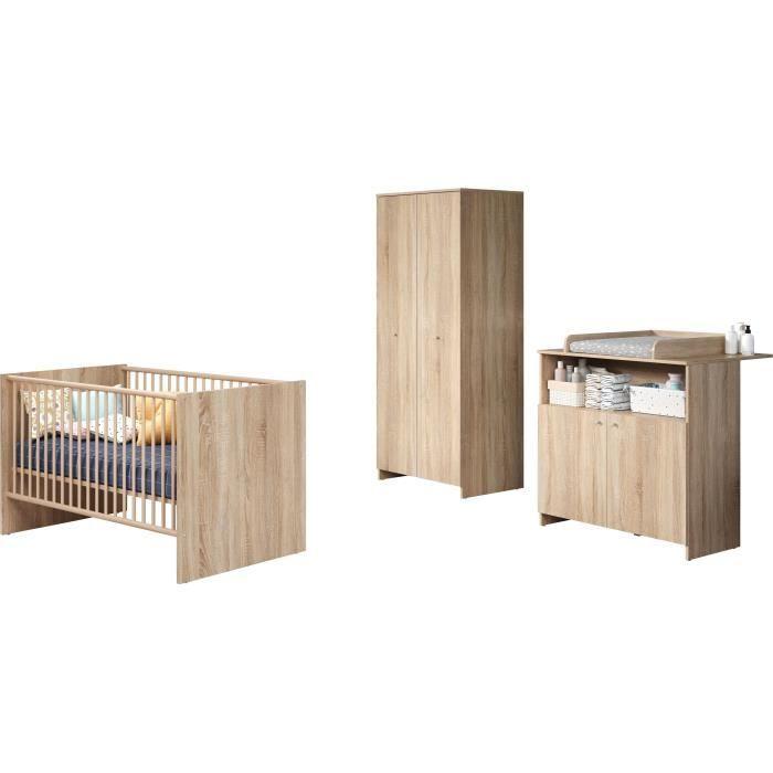 Chambre bébé trio NIKO - Lit 70x140 cm + Commode a langer 2 portes + Armoire 2 portes - Décor chene naturel - TRENDTEAM TRENDTEAM