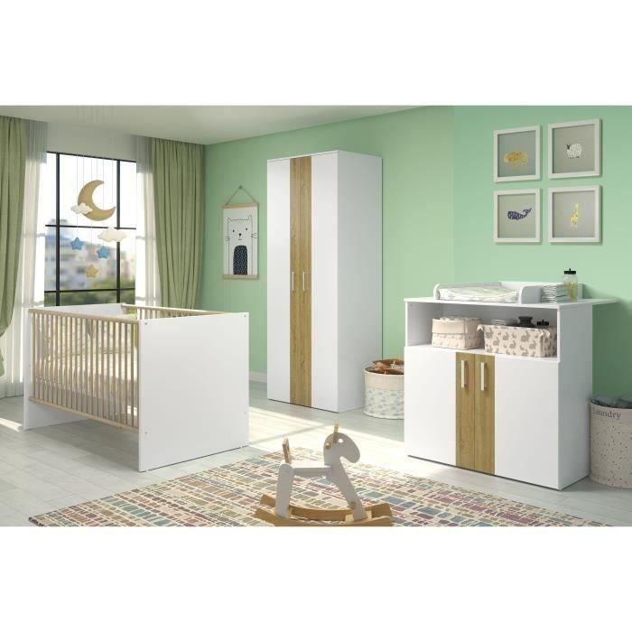 Chambre bébé Trio : Lit 70 x 140 cm + Commode a langer + Armoire 2 portes BERRY - Blanc et chene - TREND TEAM TRENDTEAM