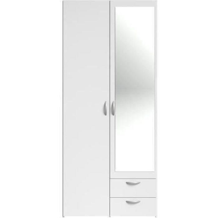 Armoire VARIA - Décor blanc - 2 portes battantes + 1 miroir + 2 tiroirs - L 81 x H 185 x P 51 cm - PARISOT PARISOT