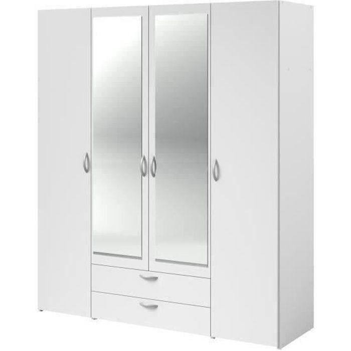 Armoire VARIA - Décor blanc - 4 portes battantes + 2 miroirs + 2 tiroirs - L 160 x H 185 x P 51 cm - PARISOT PARISOT