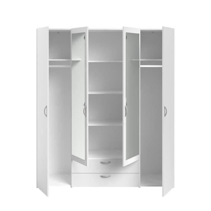 Armoire VARIA - Décor blanc - 4 portes battantes + 2 miroirs + 2 tiroirs - L 160 x H 185 x P 51 cm - PARISOT PARISOT