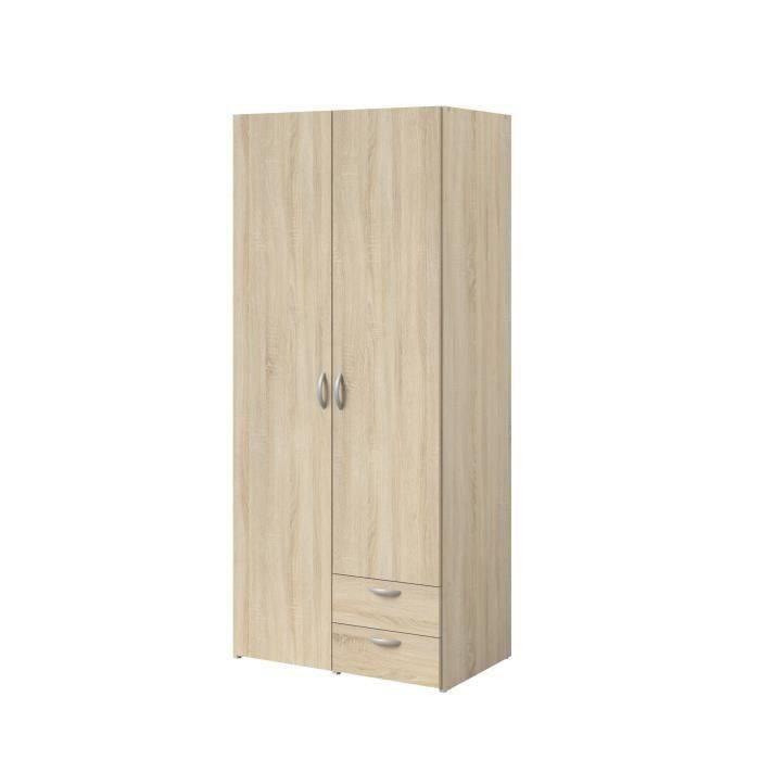 Armoire VARIA - Décor chene - 2 portes battantes + 2 tiroirs - L 81 x H 185 x P 51 cm - PARISOT PARISOT