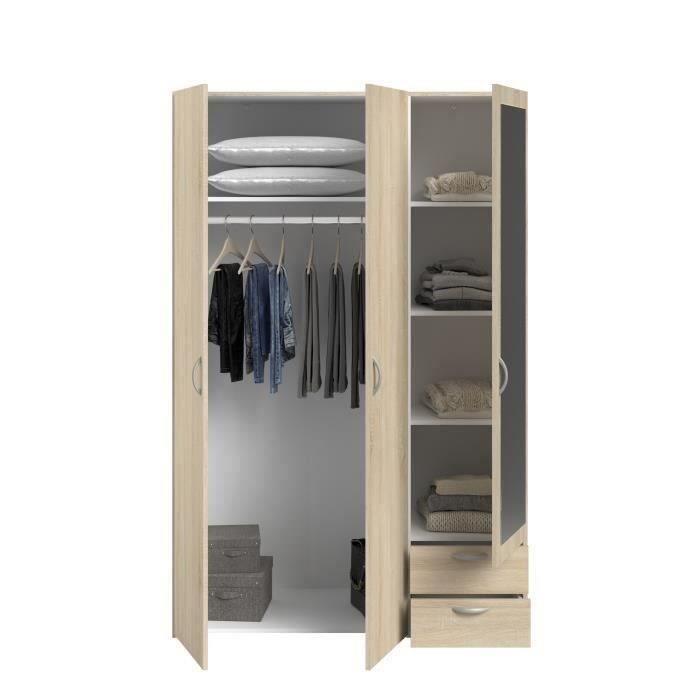 Armoire VARIA - Décor chene - 3 portes + miroir + 2 tiroirs - L 120 x H 185 x P 51 cm - PARISOT PARISOT