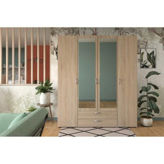 Armoire VARIA - Décor chene - 4 portes battantes + 2 miroirs + 2 tiroirs - L 160 x H 185 x P 51 cm - PARISOT PARISOT