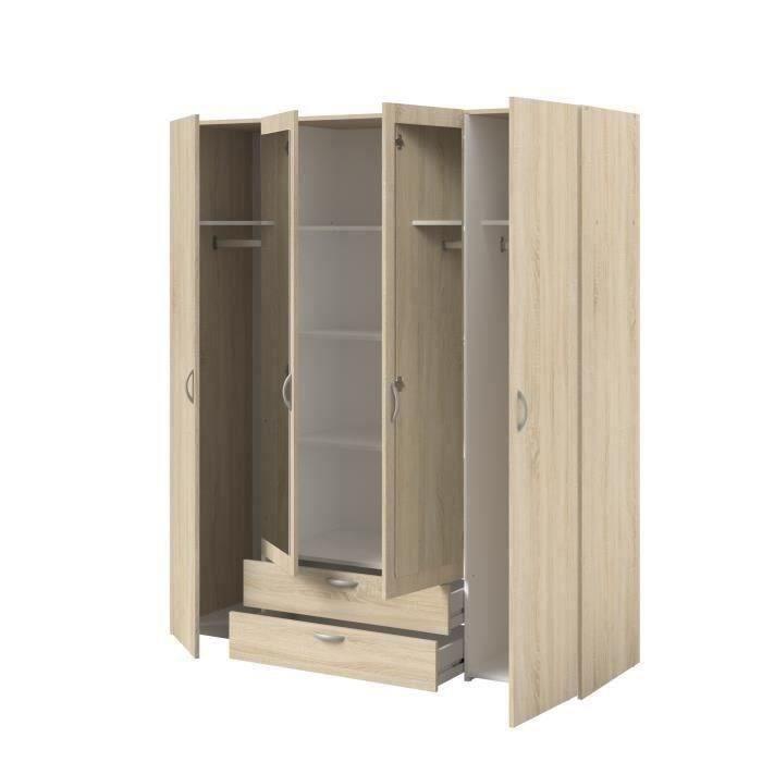 Armoire VARIA - Décor chene - 4 portes battantes + 2 miroirs + 2 tiroirs - L 160 x H 185 x P 51 cm - PARISOT PARISOT