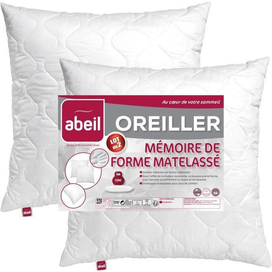 ABEIL Lot de 2 Oreillers a mémoire de forme matelassés - 60x60 cm - Blanc - Paloma Tech