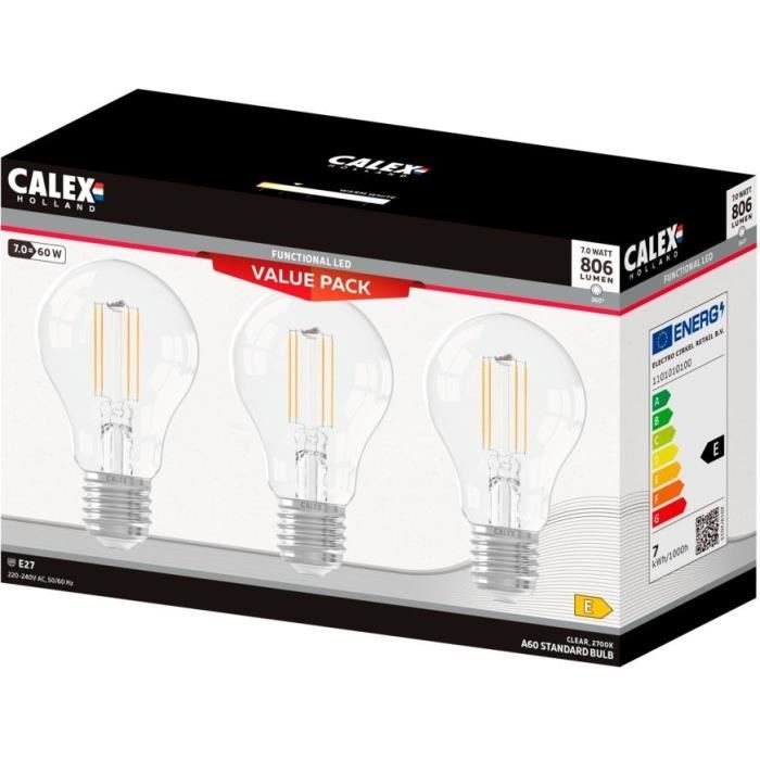 Ampoule LED E27 - CALEX - STANDARD A60 - Filament droit - 7 W - 806 lm - 2700 K - Intensité variable - Transparent