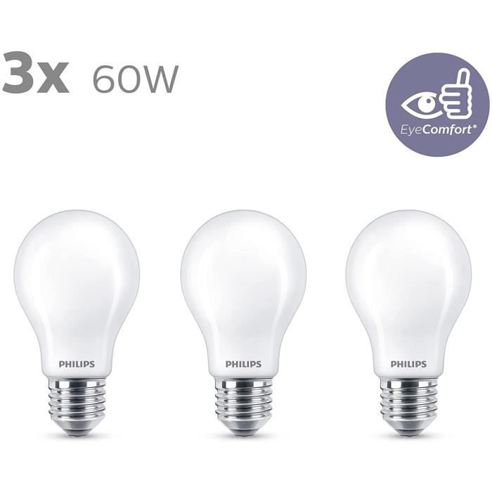 Ampoules LED Philips - Pack de 3 - 60W - Blanc chaud