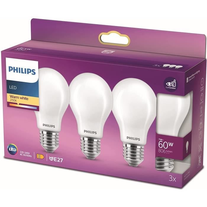 Ampoules LED Philips - Pack de 3 - 60W - Blanc chaud