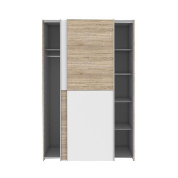 Armoire 2 portes coulissantes - Panneaux de particules - Blanc mat et décor chene - L 120 x P 61,2 x H 190,5 cm - OZZULA - Paloma Tech