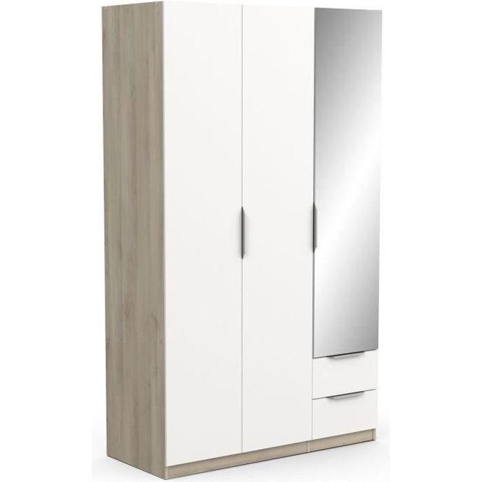 Armoire GHOST - Décor chene kronberg et blanc mat - 3 Portes + 2 Tiroirs + 1 miroir - L.119,4 x P.51,1 x H.203 cm - DEMEYERE - Paloma Tech