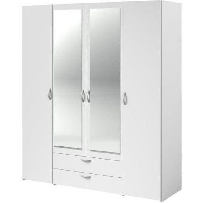 Armoire VARIA - Décor blanc - 4 portes battantes + 2 miroirs + 2 tiroirs - L 160 x H 185 x P 51 cm - PARISOT - Paloma Tech